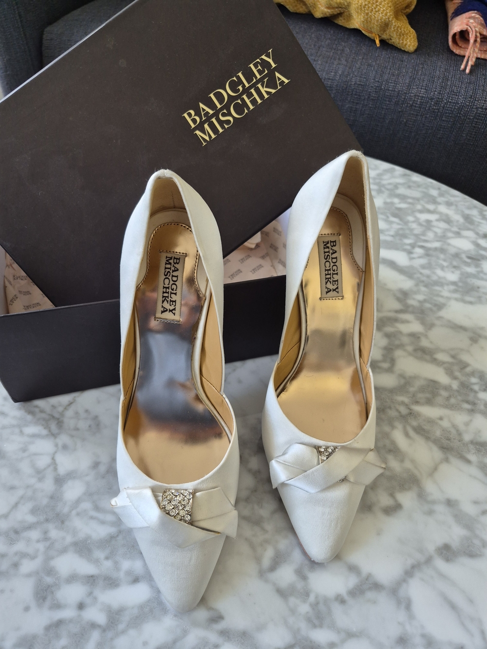 Badgley Mischka White Satin Pointed Toe Heels with Crystal Bow